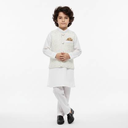 Boys White Kurta Shalwar with Embroidery Waistcoat - Premium 3-Piece Set