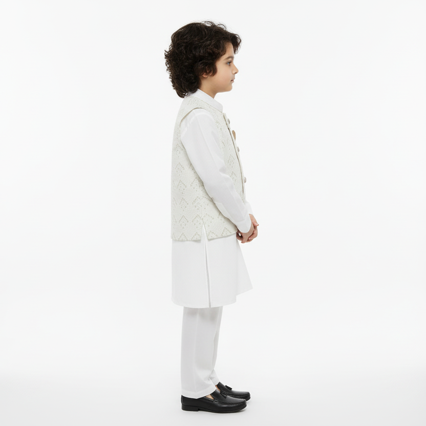 Boys White Kurta Shalwar with Embroidery Waistcoat - Premium 3-Piece Set