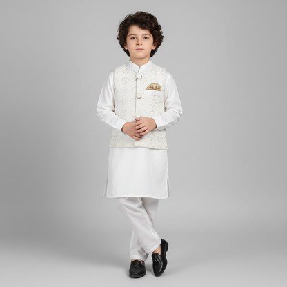 Boys White Kurta Shalwar with Embroidery Waistcoat - Premium 3-Piece Set