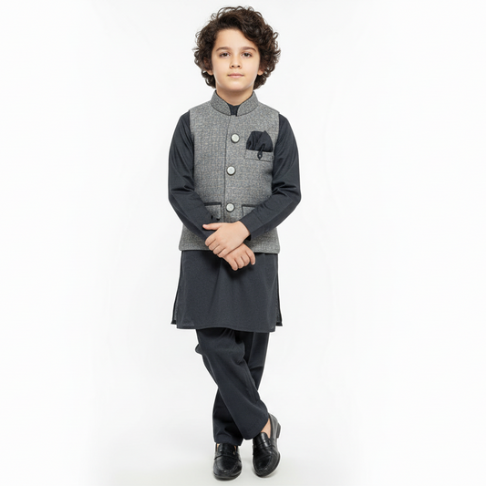 Boys Green Kurta Shalwar with Design Waistcoat - Premium 3-Piece Set