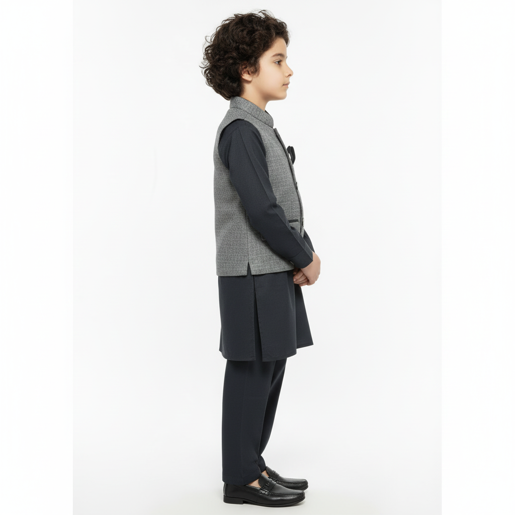 Boys Green Kurta Shalwar with Design Waistcoat - Premium 3-Piece Set