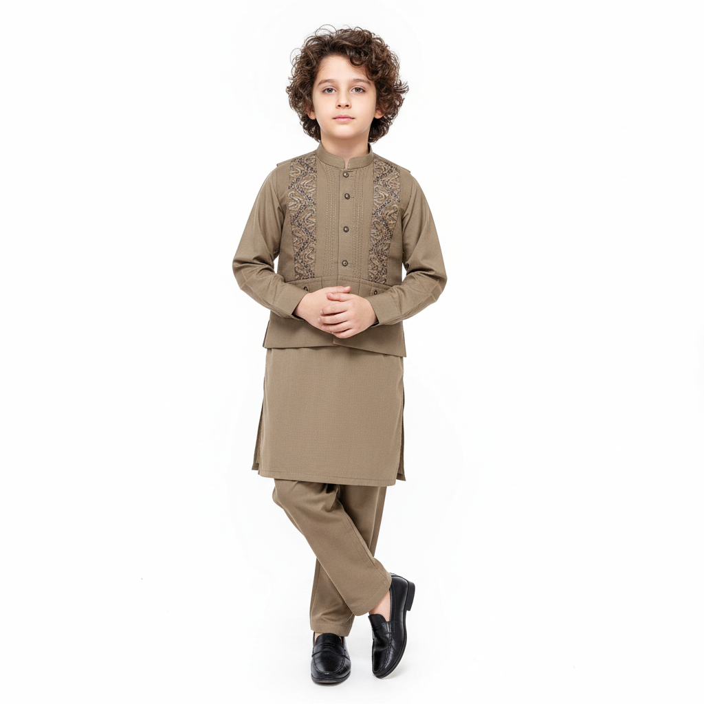 Boys Brown Kurta Shalwar with Embroidery Waistcoat - Premium 3-Piece Set