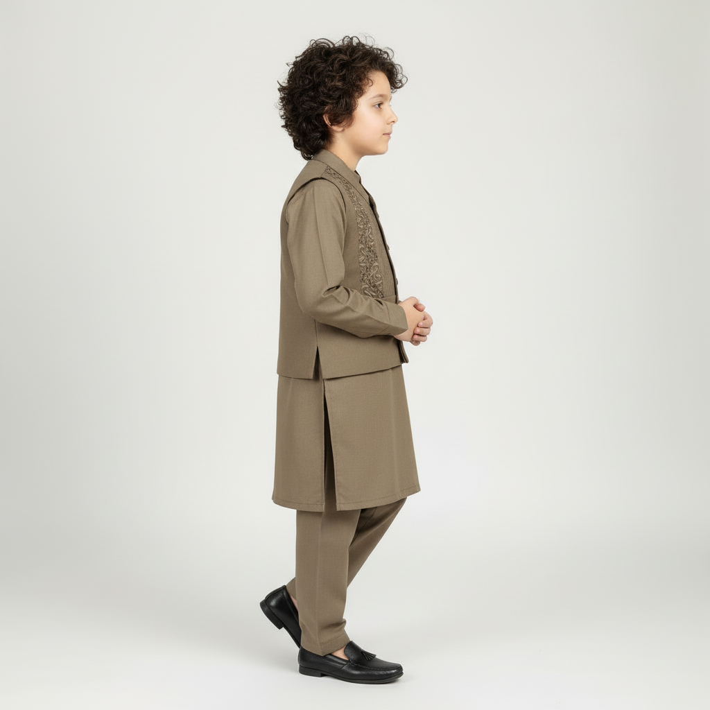 Boys Brown Kurta Shalwar with Stylish Waistcoat - Premium 3-Piece Set