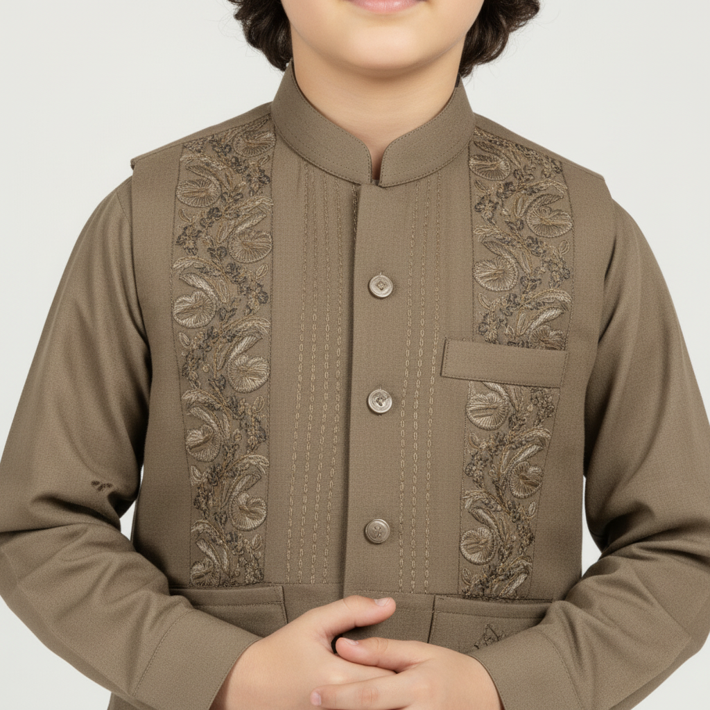 Boys Brown Kurta Shalwar with Stylish Waistcoat - Premium 3-Piece Set