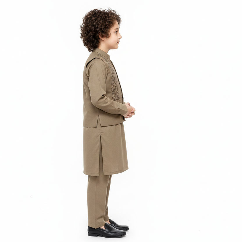 Boys Brown Kurta Shalwar with Embroidery Waistcoat - Premium 3-Piece Set