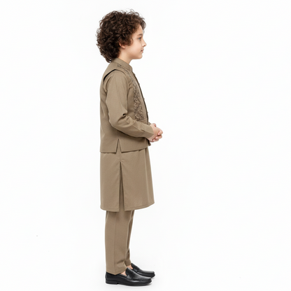 Boys Brown Kurta Shalwar with Embroidery Waistcoat - Premium 3-Piece Set