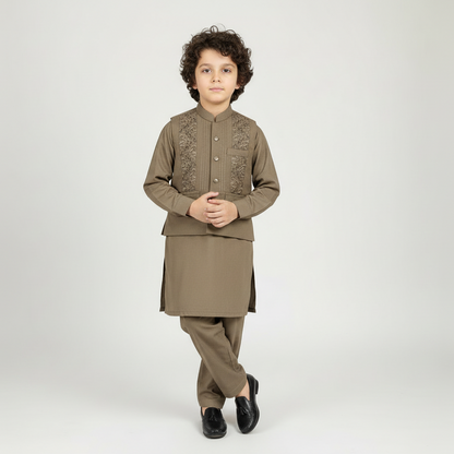 Boys Brown Kurta Shalwar with Stylish Waistcoat - Premium 3-Piece Set