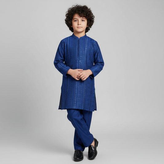 Boys Blue Party Wear Kurta Shalwar with Heavy Embroidery - Premium Set