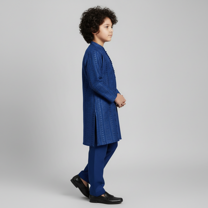 Boys Blue Party Wear Kurta Shalwar with Heavy Embroidery - Premium Set