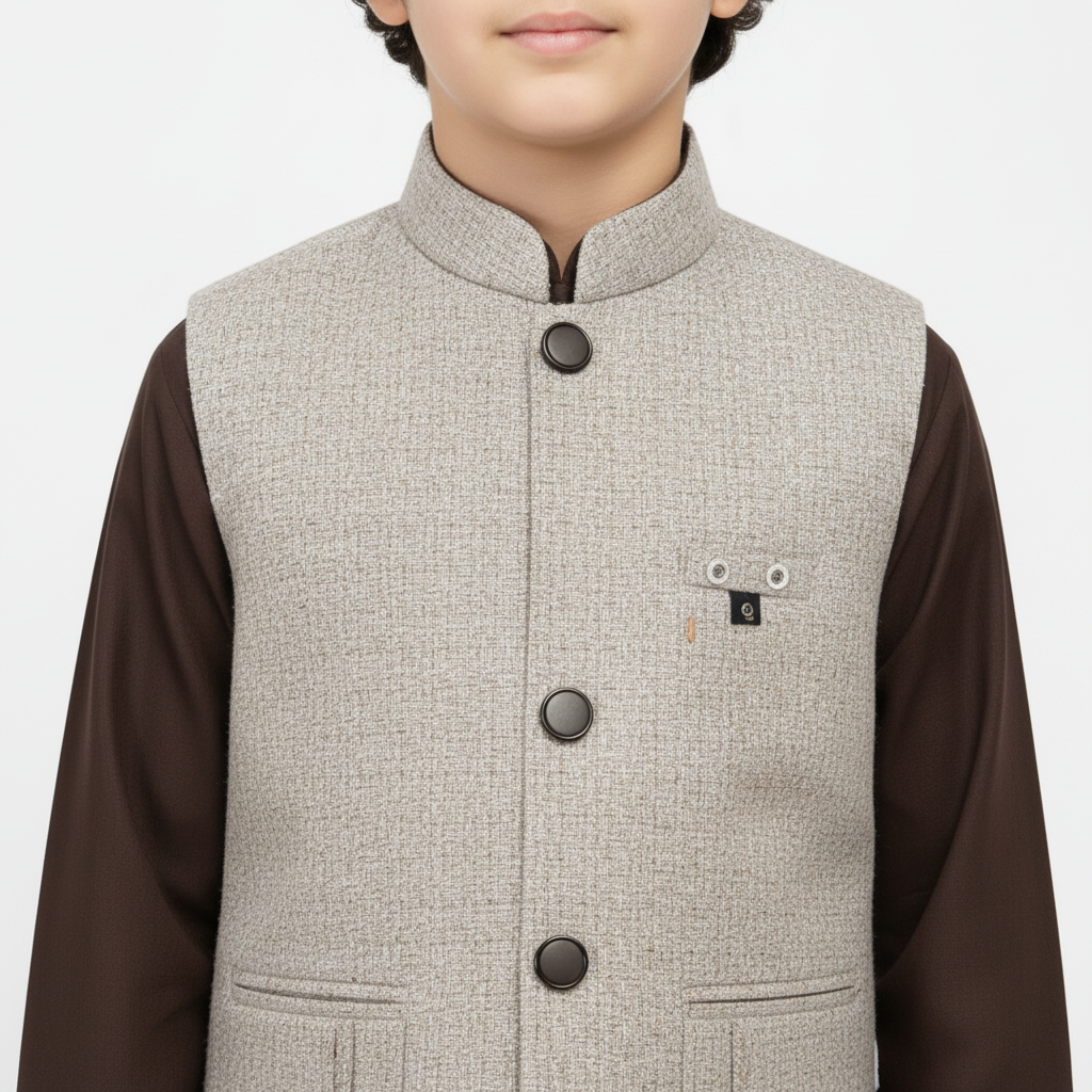 Boys Brown Kurta Shalwar with Design Waistcoat - Premium 3-Piece Set