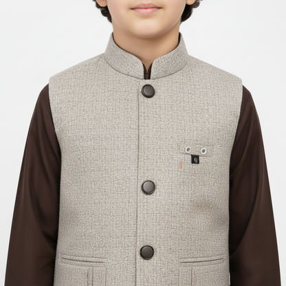 Boys Brown Kurta Shalwar with Design Waistcoat - Premium 3-Piece Set