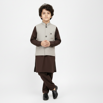 Boys Brown Kurta Shalwar with Design Waistcoat - Premium 3-Piece Set