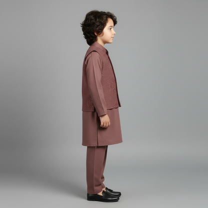 Boys Brown Kurta Shalwar with Blue Waistcoat - Premium 3-Piece Set