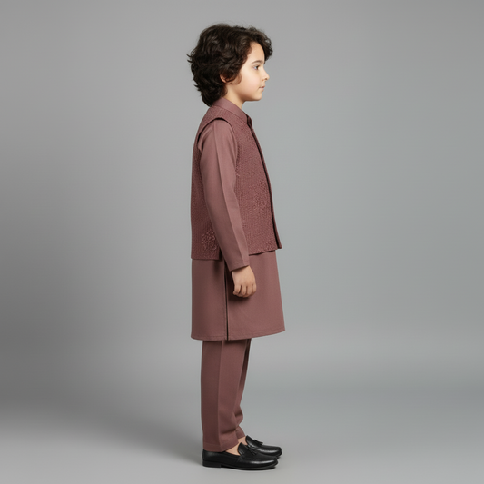 Boys Brown Kurta Shalwar with Blue Waistcoat - Premium 3-Piece Set