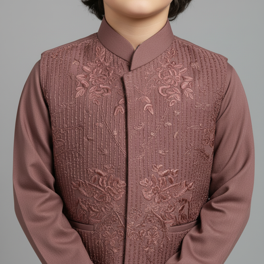 Boys Brown Kurta Shalwar with Blue Waistcoat - Premium 3-Piece Set