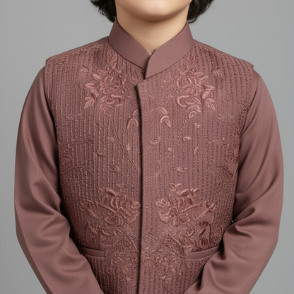 Boys Brown Kurta Shalwar with Blue Waistcoat - Premium 3-Piece Set