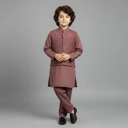 Boys Brown Kurta Shalwar with Blue Waistcoat - Premium 3-Piece Set