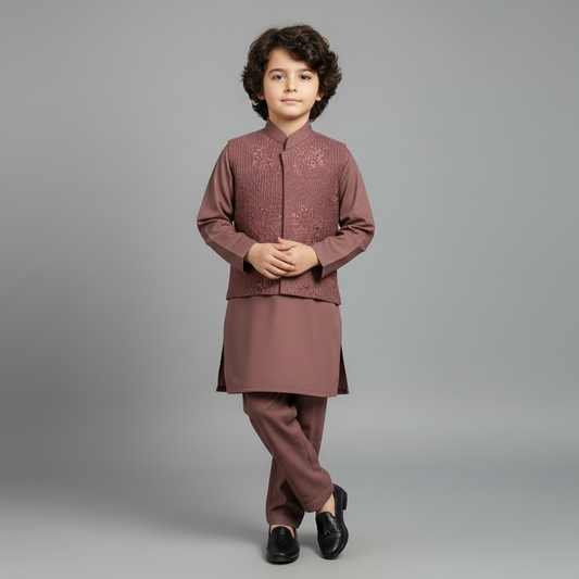 Boys Brown Kurta Shalwar with Blue Waistcoat - Premium 3-Piece Set