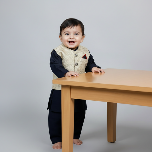 Baby Black Kurta Shalwar with Golden Embroidery Waistcoat - 3-6 Months