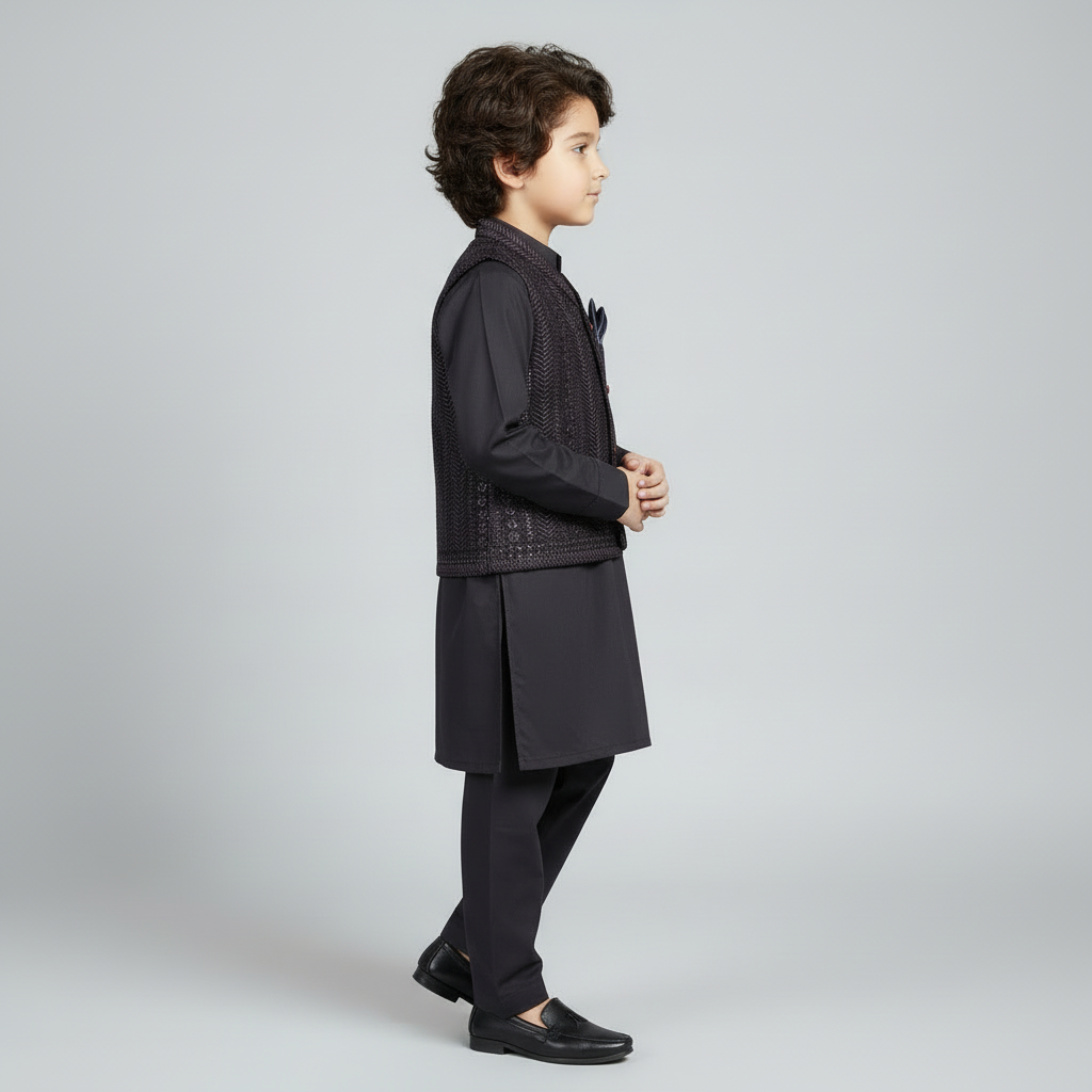 Boys Maroon Kurta Shalwar with Embroidery Waistcoat - 1-4 Years