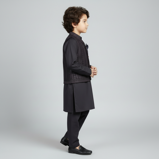 Boys Maroon Kurta Shalwar with Embroidery Waistcoat - 1-4 Years