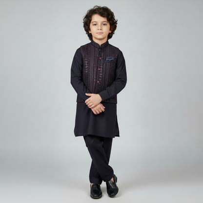 Boys Maroon Kurta Shalwar with Embroidery Waistcoat - 1-4 Years