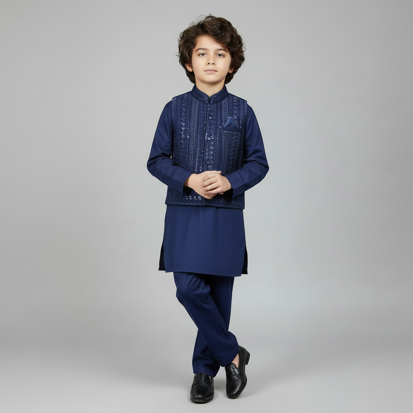Boys Blue Kurta Shalwar with Embroidery Waistcoat - 1-4 Years