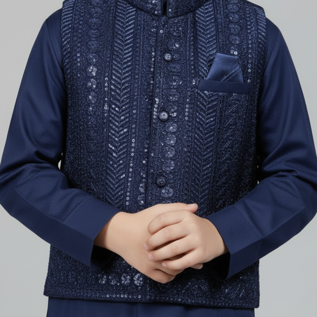 Boys Blue Kurta Shalwar with Embroidery Waistcoat - 1-4 Years