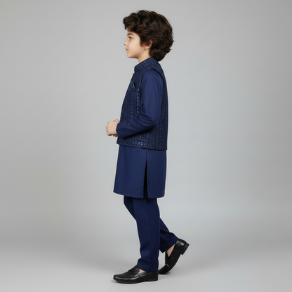 Boys Blue Kurta Shalwar with Embroidery Waistcoat - 1-4 Years