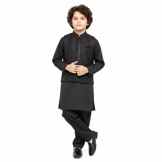 Boys Dark Brown Kurta Shalwar with Embroidery Waistcoat - Premium 3-Piece Set