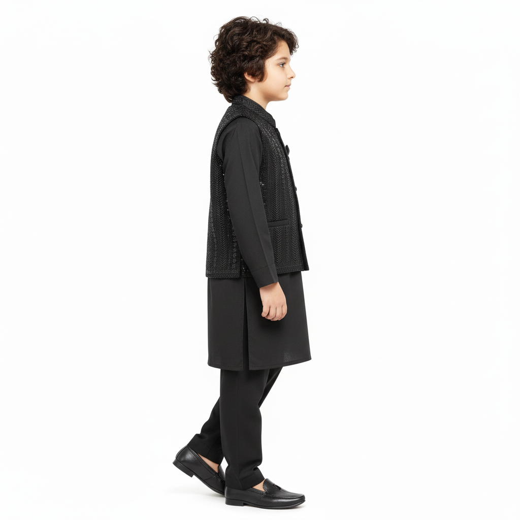 Boys Dark Brown Kurta Shalwar with Embroidery Waistcoat - Premium 3-Piece Set