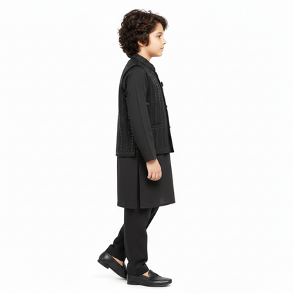 Boys Dark Brown Kurta Shalwar with Embroidery Waistcoat - Premium 3-Piece Set