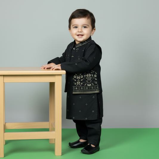 Baby Black Kurta Shalwar with Embroidery Waistcoat - 3-6 Months