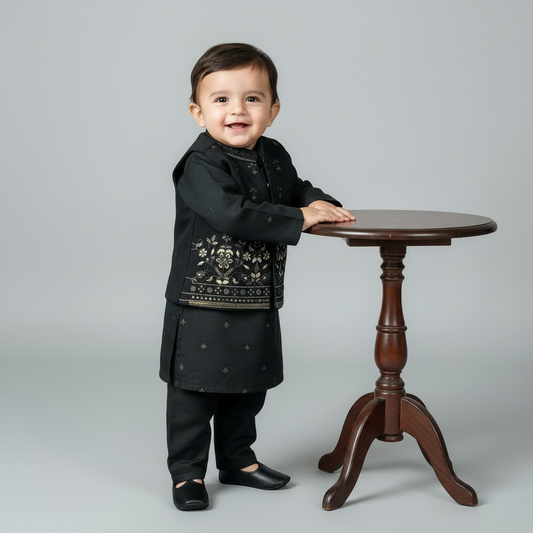 Baby Black Kurta Shalwar with Embroidery Waistcoat - 3-6 Months