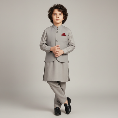 Boys Gray Kurta Shalwar with Plain Waistcoat - Premium 3-Piece Set