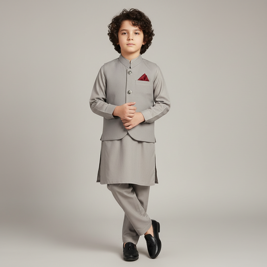 Boys Gray Kurta Shalwar with Plain Waistcoat - Premium 3-Piece Set