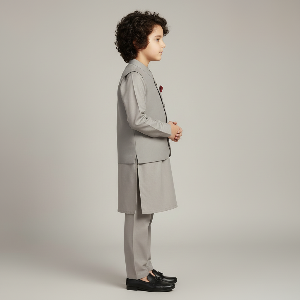 Boys Gray Kurta Shalwar with Plain Waistcoat - Premium 3-Piece Set