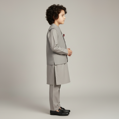 Boys Gray Kurta Shalwar with Plain Waistcoat - Premium 3-Piece Set