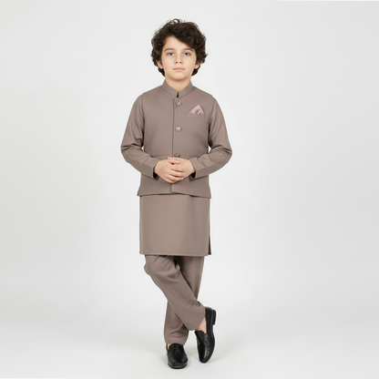 Boys Brown Kurta Shalwar with Plain Waistcoat - Premium 3-Piece Set