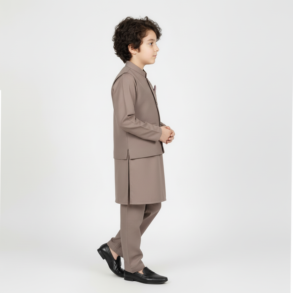 Boys Brown Kurta Shalwar with Plain Waistcoat - Premium 3-Piece Set