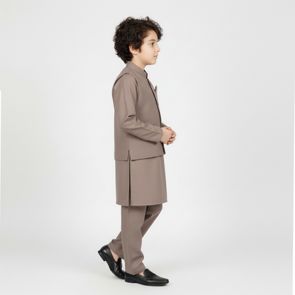 Boys Brown Kurta Shalwar with Plain Waistcoat - Premium 3-Piece Set