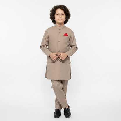 Boys Light Brown Kurta Shalwar with Plain Waistcoat - Premium 3-Piece Se