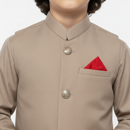 Boys Light Brown Kurta Shalwar with Plain Waistcoat - Premium 3-Piece Se