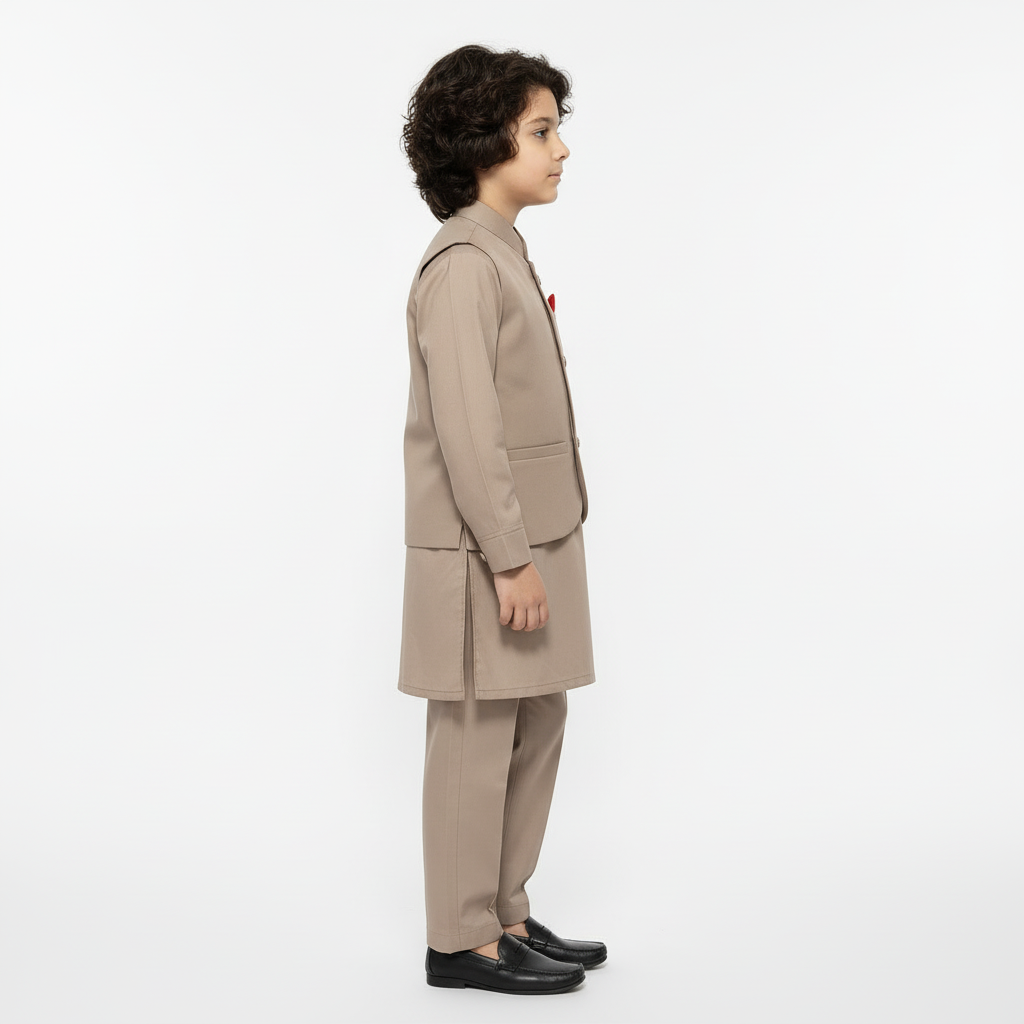Boys Light Brown Kurta Shalwar with Plain Waistcoat - Premium 3-Piece Se