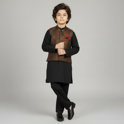 Boys Premium Kurta Shalwar with Fancy Maroon Waistcoat - Traditional Outfit 1-7Y