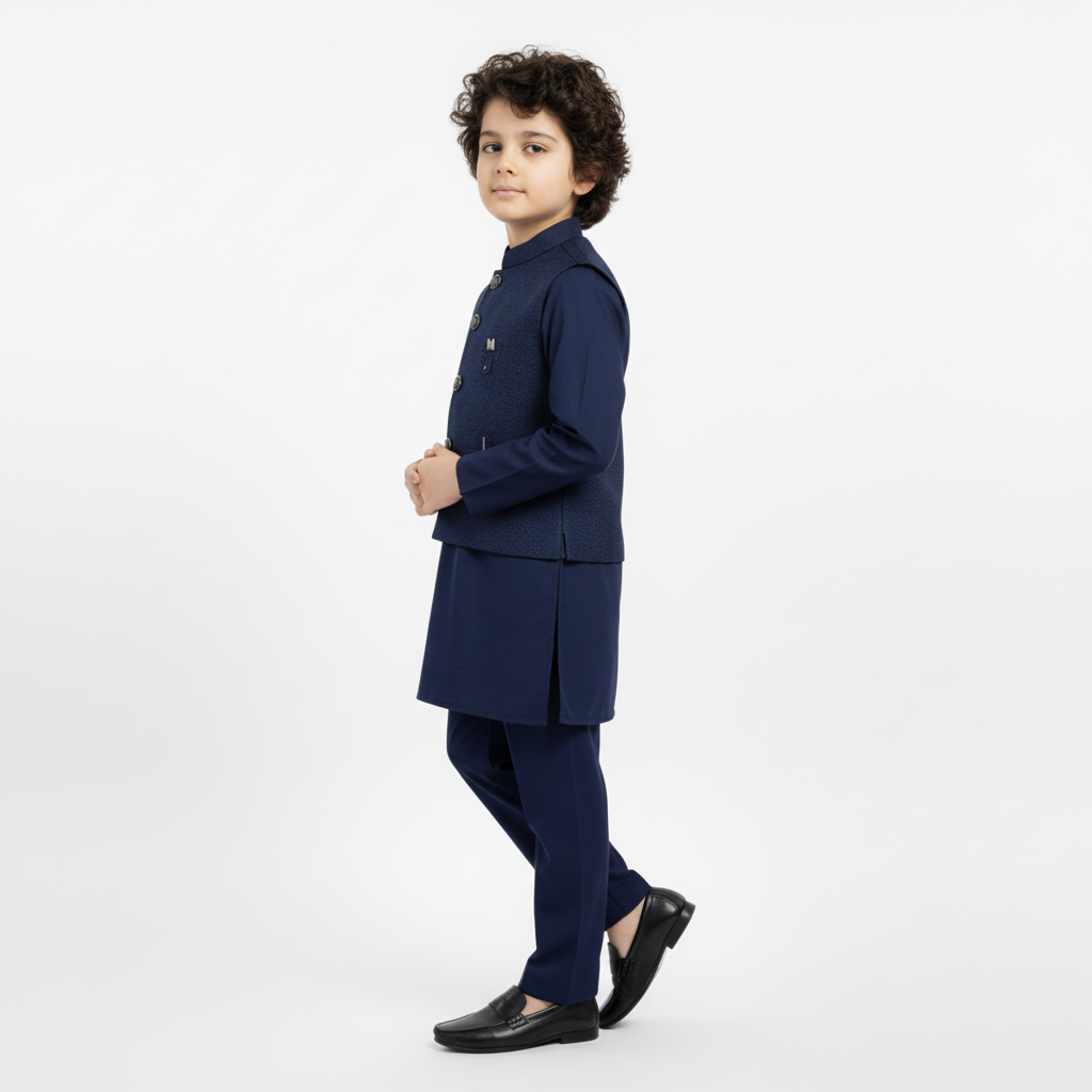 Boys Blue Kurta Shalwar with Elegant Waistcoat Design - 1-7 Years