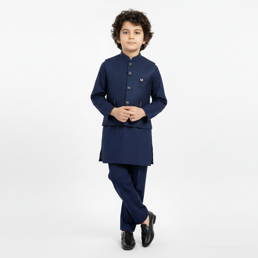 Boys Blue Kurta Shalwar with Elegant Waistcoat Design - 1-7 Years