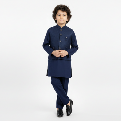 Boys Blue Kurta Shalwar with Elegant Waistcoat Design - 1-7 Years