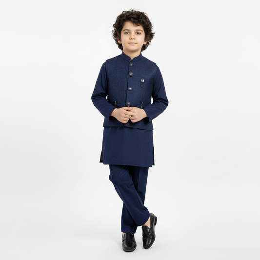 Boys Blue Kurta Shalwar with Elegant Waistcoat Design - 1-7 Years