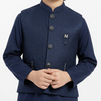 Boys Blue Kurta Shalwar with Elegant Waistcoat Design - 1-7 Years